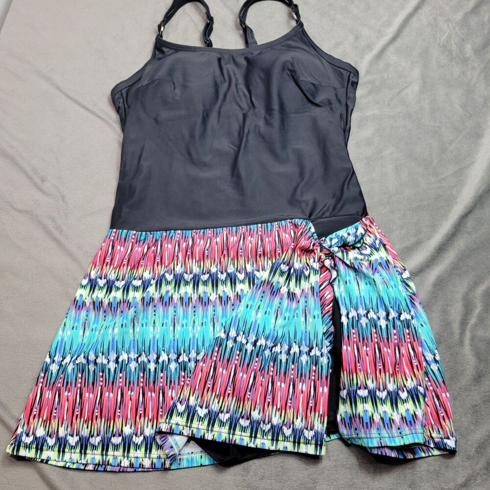 Two-Piece Croft & Barrow 12D Swimdress With Black Top & Multicolor Skirt
